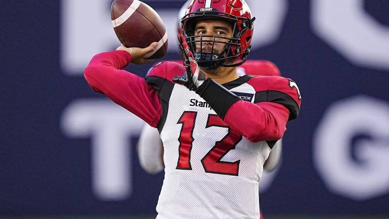 Aug 20, 2022; Toronto, Ontario, CAN; Calgary Stampeders quarterback Jake Maier (12) warms up before a game against the Toronto Argonauts at BMO Field. Mandatory Credit: John E. Sokolowski-USA TODAY Sports