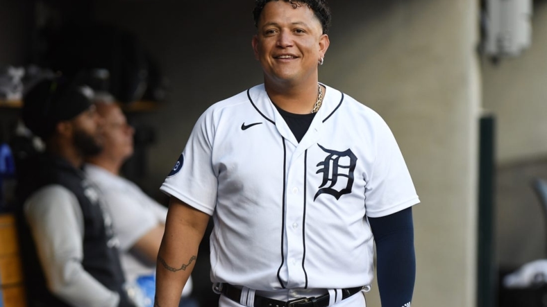 Aug 10, 2022; Detroit, Michigan, USA; Detroit Tigers designated hitter Miguel Cabrera (24) in the dugout during their game against the Cleveland Guardians at Comerica Park. Mandatory Credit: Lon Horwedel-USA TODAY Sports