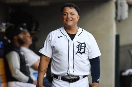 Aug 10, 2022; Detroit, Michigan, USA; Detroit Tigers designated hitter Miguel Cabrera (24) in the dugout during their game against the Cleveland Guardians at Comerica Park. Mandatory Credit: Lon Horwedel-USA TODAY Sports