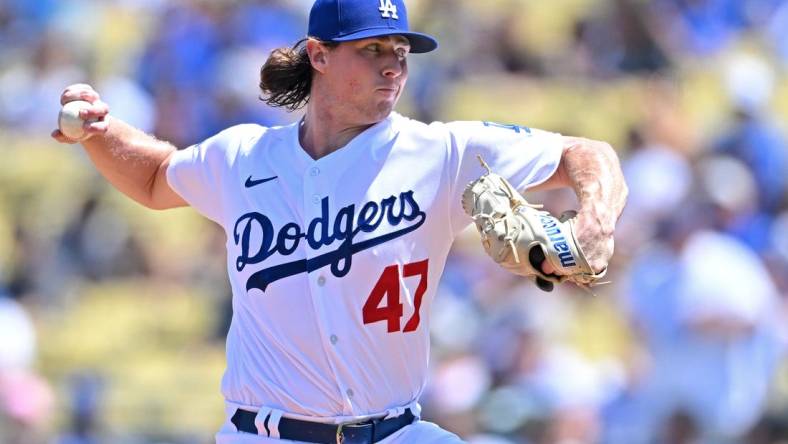 Aug 21, 2022; Los Angeles, California, USA;  Los Angeles Dodgers starting pitcher Ryan Pepiot (47) throws to the plate in the first inning against the Miami Marlins at Dodger Stadium. Mandatory Credit: Jayne Kamin-Oncea-USA TODAY Sports