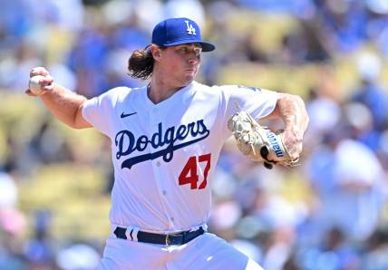 Aug 21, 2022; Los Angeles, California, USA;  Los Angeles Dodgers starting pitcher Ryan Pepiot (47) throws to the plate in the first inning against the Miami Marlins at Dodger Stadium. Mandatory Credit: Jayne Kamin-Oncea-USA TODAY Sports