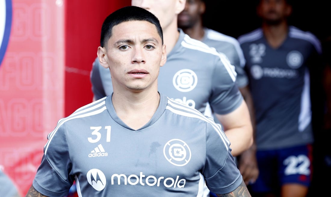 Aug 21, 2022; Chicago, Illinois, USA; Chicago Fire midfielder Federico Navarro (31) takes the field before the game against New York City at Bridgeview Stadium. Mandatory Credit: Mike Dinovo-USA TODAY Sports