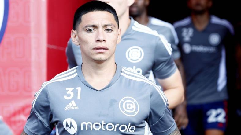 Aug 21, 2022; Chicago, Illinois, USA; Chicago Fire midfielder Federico Navarro (31) takes the field before the game against New York City at Bridgeview Stadium. Mandatory Credit: Mike Dinovo-USA TODAY Sports