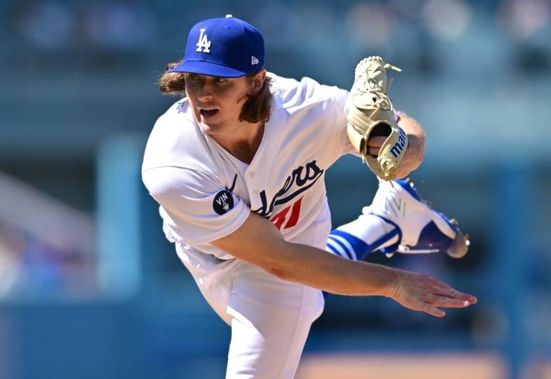 Aug 21, 2022; Los Angeles, California, USA;  Los Angeles Dodgers starting pitcher Ryan Pepiot (47) throws to the plate in the fourth inning against the Miami Marlins at Dodger Stadium. Mandatory Credit: Jayne Kamin-Oncea-USA TODAY Sports