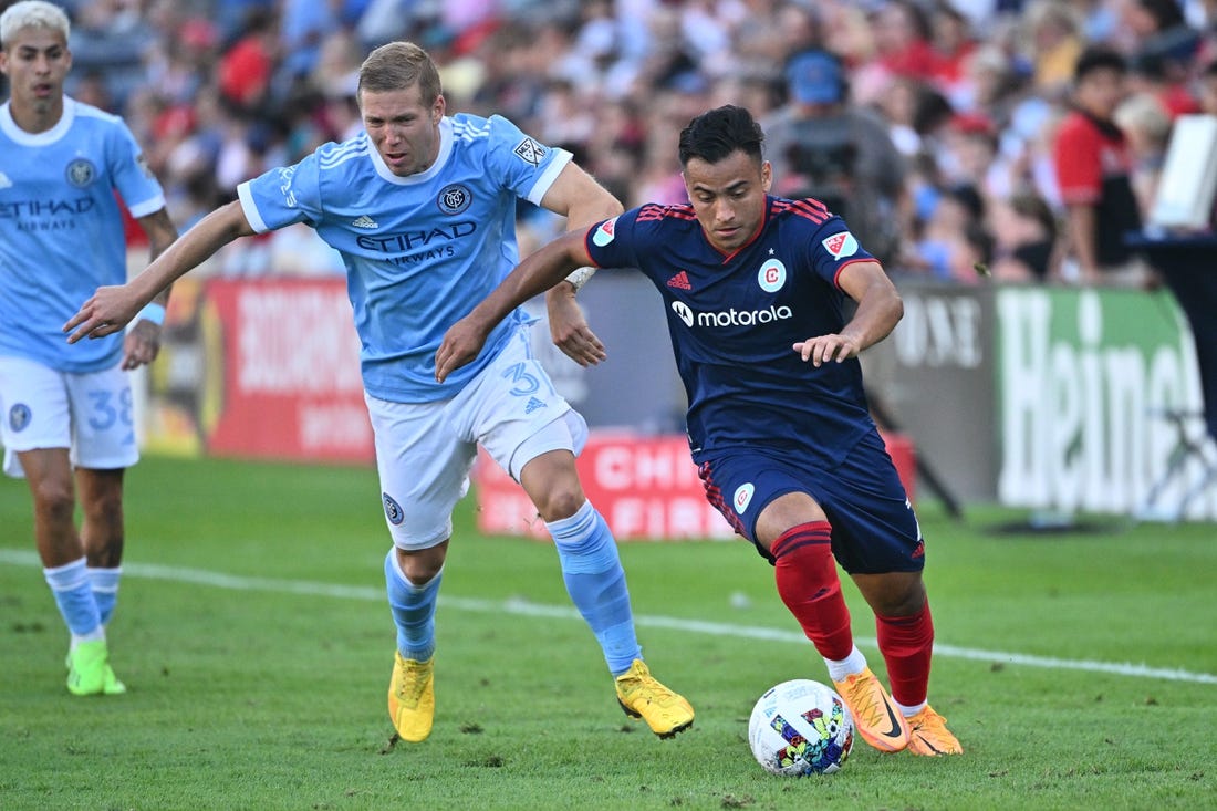 Aug 21, 2022; Chicago, Illinois, USA;  Chicago Fire FC forward Jairo Torres (7) controls the ball ahead of New York City FC defender Anton Tinnerholm (3) in the second half at Bridgeview Stadium. New York City FC defeated Chicago 2-0. Mandatory Credit: Jamie Sabau-USA TODAY Sports
