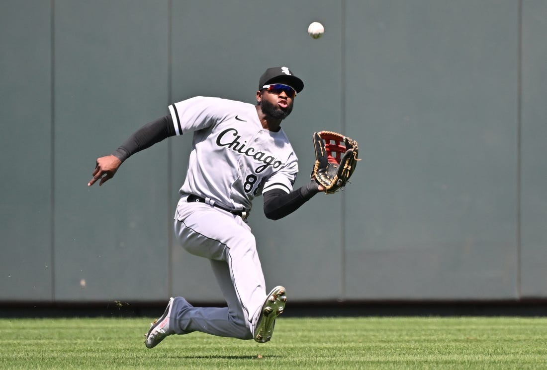 Aug 22, 2022; Kansas City, Missouri, USA;  Chicago White Sox center fielder Luis Robert (88) makes a sliding catch during the third inning against the Kansas City Royals at Kauffman Stadium. Mandatory Credit: Peter Aiken-USA TODAY Sports