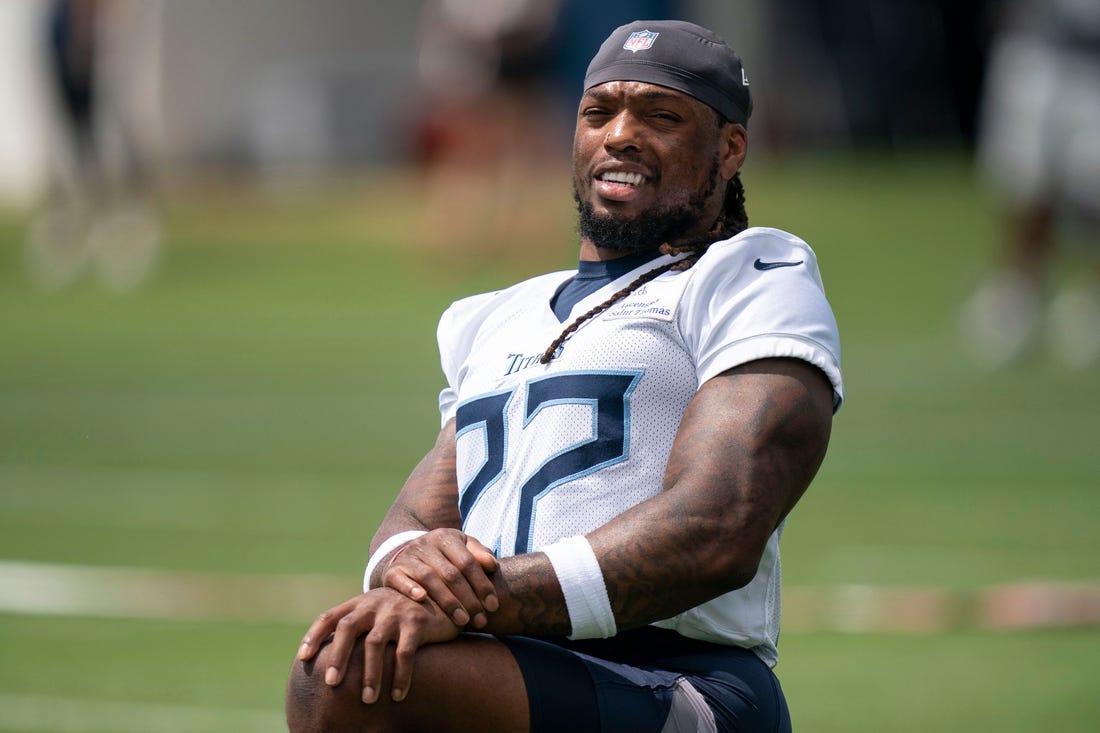 Tennessee Titans running back Derrick Henry (22) warms up during a training camp practice at Ascension Saint Thomas Sports Park Monday, Aug. 22, 2022, in Nashville, Tenn.

Nas 0822 Titans 004