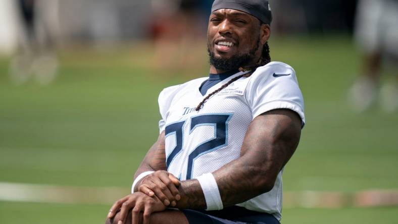 Tennessee Titans running back Derrick Henry (22) warms up during a training camp practice at Ascension Saint Thomas Sports Park Monday, Aug. 22, 2022, in Nashville, Tenn.

Nas 0822 Titans 004