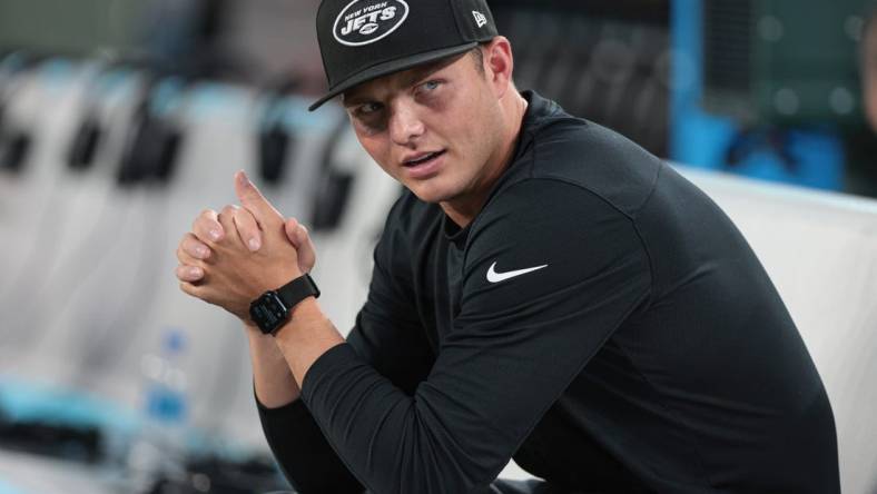 Aug 22, 2022; East Rutherford, New Jersey, USA; New York Jets quarterback Zach Wilson (2) before the game against the Atlanta Falcons at MetLife Stadium. Mandatory Credit: Vincent Carchietta-USA TODAY Sports