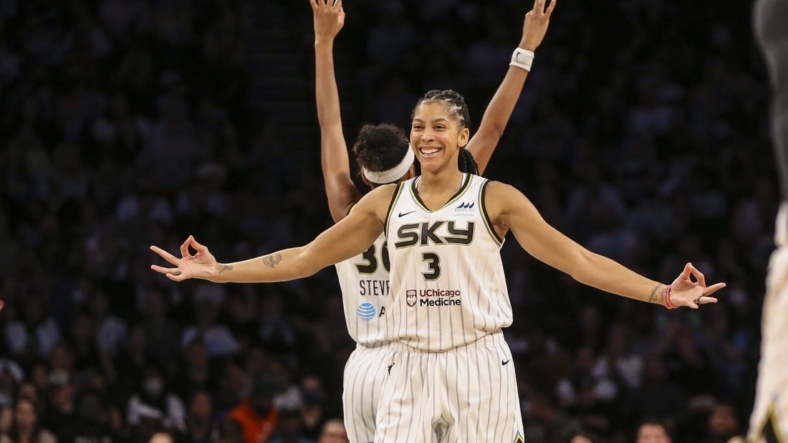 Aug 23, 2022; Brooklyn, New York, USA; Chicago Sky forward Candace Parker (3) celebrates in the fourth quarter against the New York Liberty at Barclays Center. Mandatory Credit: Wendell Cruz-USA TODAY Sports