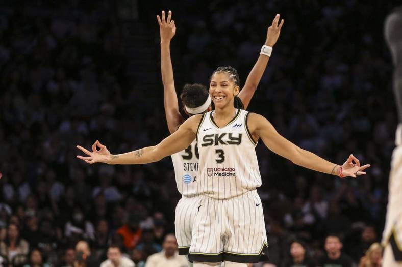 Aug 23, 2022; Brooklyn, New York, USA; Chicago Sky forward Candace Parker (3) celebrates in the fourth quarter against the New York Liberty at Barclays Center. Mandatory Credit: Wendell Cruz-USA TODAY Sports