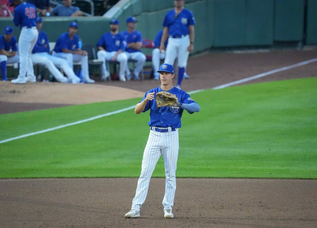 Iowa Cubs third baseman Jared Young waits for a play against St. Paul during a MiLB baseball game on Tuesday, Aug. 23, 2022, at Principal Park in Des Moines.

Iowacubs 20220824 Bh