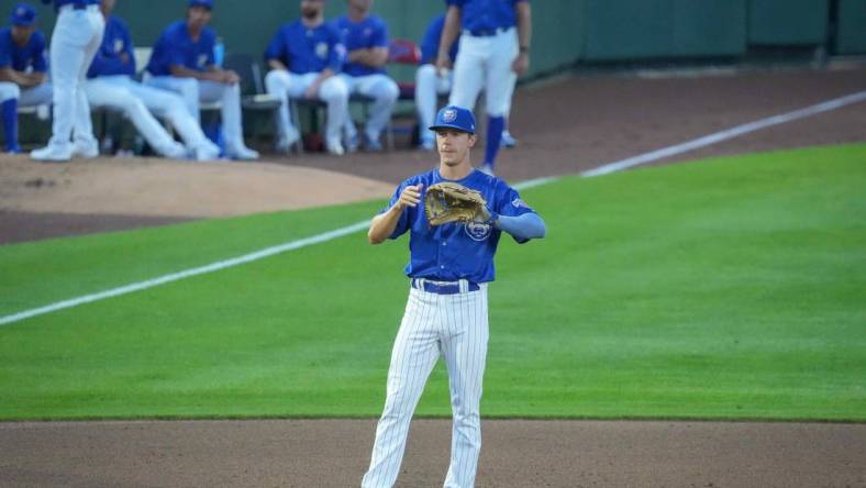 Iowa Cubs third baseman Jared Young waits for a play against St. Paul during a MiLB baseball game on Tuesday, Aug. 23, 2022, at Principal Park in Des Moines.

Iowacubs 20220824 Bh