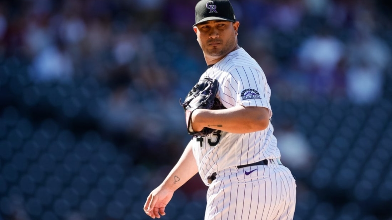 Aug 24, 2022; Denver, Colorado, USA; Colorado Rockies relief pitcher Jhoulys Chacin (43) on the mound in the ninth inning against the Texas Rangers at Coors Field. Mandatory Credit: Isaiah J. Downing-USA TODAY Sports