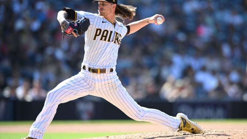 Aug 24, 2022; San Diego, California, USA; San Diego Padres relief pitcher Josh Hader (71) throws a pitch against the Cleveland Guardians during the eighth inning at Petco Park. Mandatory Credit: Orlando Ramirez-USA TODAY Sports