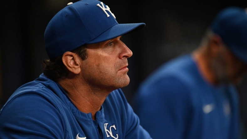 Aug 18, 2022; St. Petersburg, Florida, USA;  Kansas City Royals manager Mike Matheny (22) looks on in the second inning against the Tampa Bay Rays at Tropicana Field. Mandatory Credit: Jonathan Dyer-USA TODAY Sports