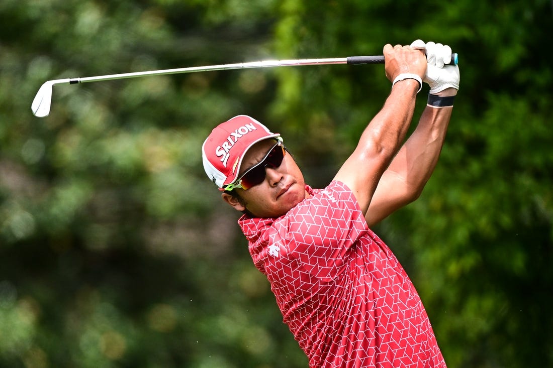 Aug 25, 2022; Atlanta, Georgia, USA; Hideki Matsuyama tees off on the 2nd hole during the first round of the TOUR Championship golf tournament. Mandatory Credit: Adam Hagy-USA TODAY Sports