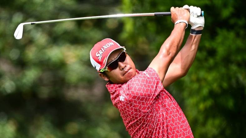 Aug 25, 2022; Atlanta, Georgia, USA; Hideki Matsuyama tees off on the 2nd hole during the first round of the TOUR Championship golf tournament. Mandatory Credit: Adam Hagy-USA TODAY Sports