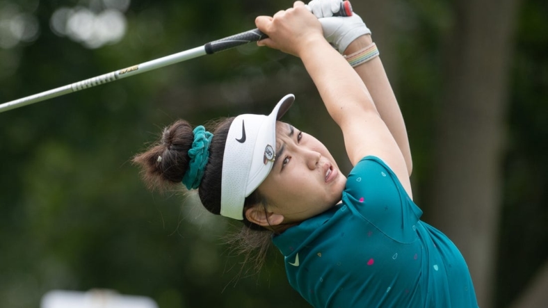 Aug 25, 2022; Ottawa, Ontario, CAN; Lucy Li of the United States tees off during the first round of the CP Women's Open golf tournament. Mandatory Credit: Marc DesRosiers-USA TODAY Sports