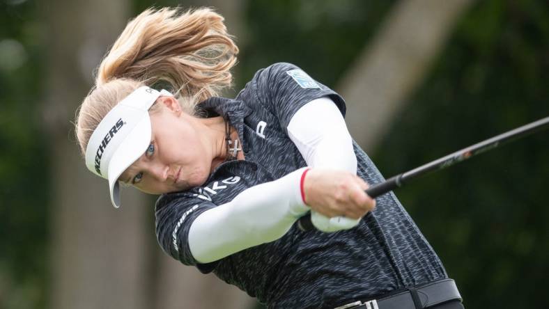 Aug 25, 2022; Ottawa, Ontario, CAN; Brooke Henderson of Canada tees off during the first round of the CP Women's Open golf tournament. Mandatory Credit: Marc DesRosiers-USA TODAY Sports