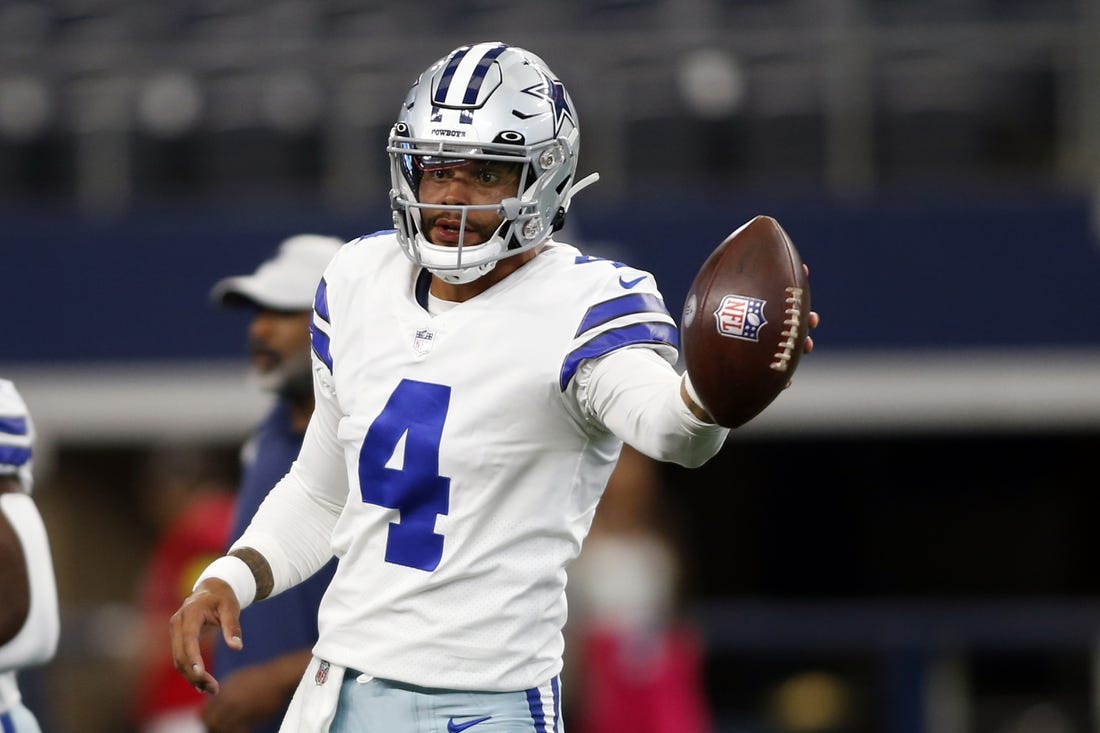 Aug 26, 2022; Arlington, Texas, USA; Dallas Cowboys quarterback Dak Prescott (4) on the field before the game against the Seattle Seahawks at AT&T Stadium. Mandatory Credit: Tim Heitman-USA TODAY Sports