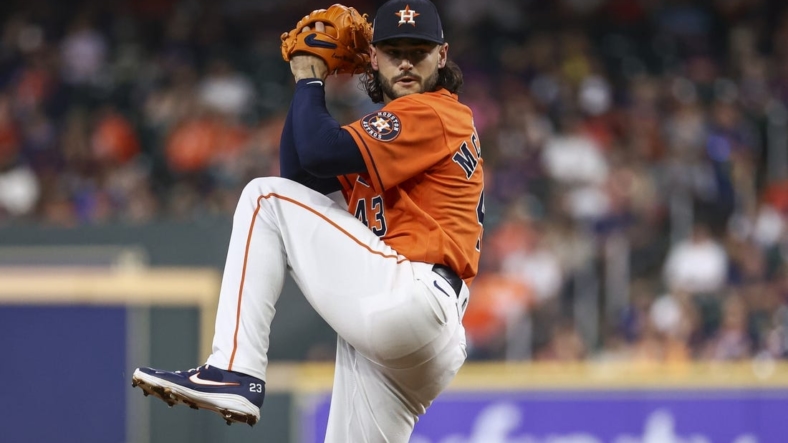 Aug 26, 2022; Houston, Texas, USA; Houston Astros starting pitcher Lance McCullers Jr. (43) delivers a pitch during the second inning against the Baltimore Orioles at Minute Maid Park. Mandatory Credit: Troy Taormina-USA TODAY Sports