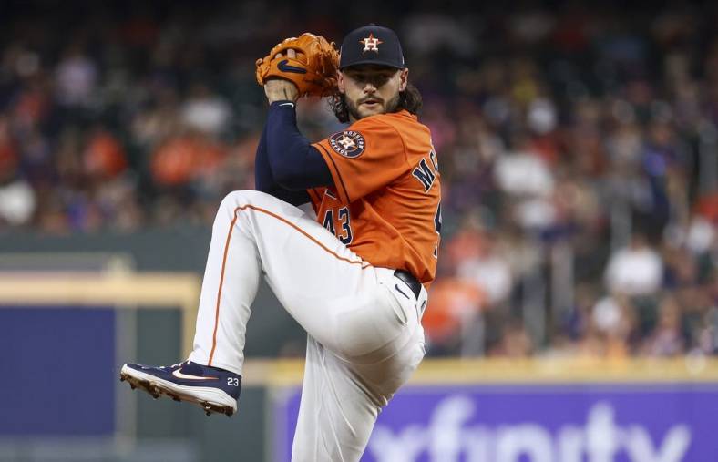 Aug 26, 2022; Houston, Texas, USA; Houston Astros starting pitcher Lance McCullers Jr. (43) delivers a pitch during the second inning against the Baltimore Orioles at Minute Maid Park. Mandatory Credit: Troy Taormina-USA TODAY Sports