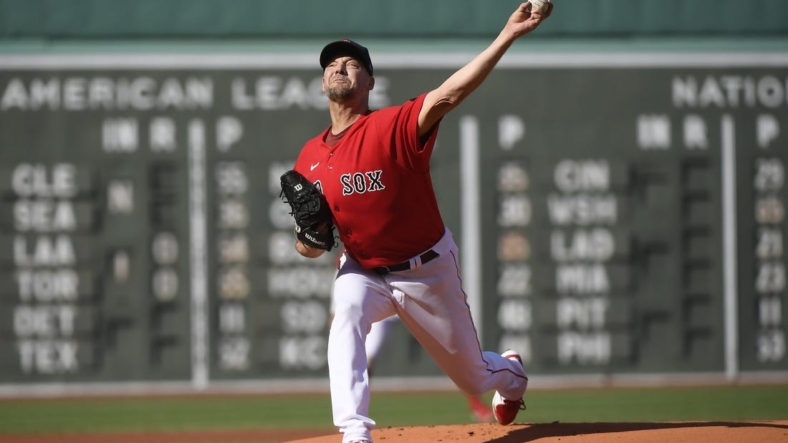 Aug 27, 2022; Boston, Massachusetts, USA;  Boston Red Sox starting pitcher Rich Hill (44) pitches during the first inning against the Tampa Bay Rays at Fenway Park. Mandatory Credit: Bob DeChiara-USA TODAY Sports