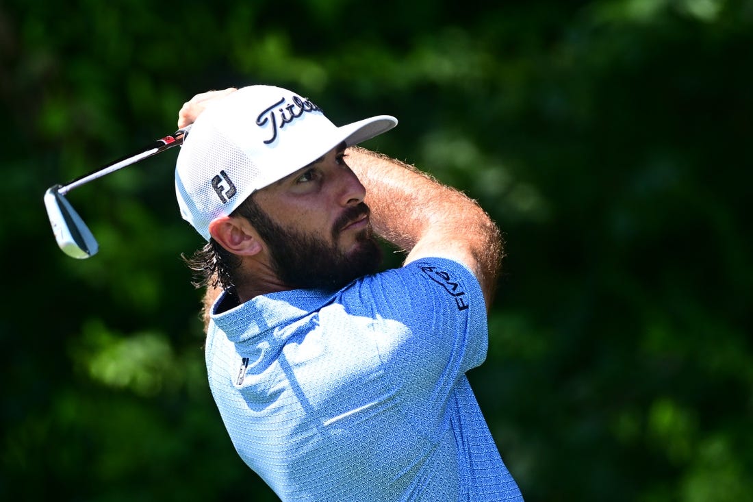 Aug 27, 2022; Atlanta, Georgia, USA; Max Homa tees off on the 2nd hole during the third round of the TOUR Championship golf tournament. Mandatory Credit: Adam Hagy-USA TODAY Sports