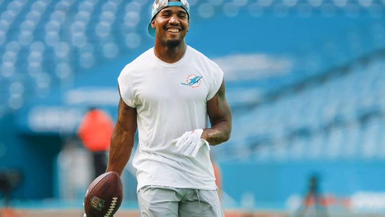 Aug 27, 2022; Miami Gardens, Florida, USA; Miami Dolphins wide receiver Jaylen Waddle (17) reacts from the field prior to the game against the Philadelphia Eagles at Hard Rock Stadium. Mandatory Credit: Sam Navarro-USA TODAY Sports