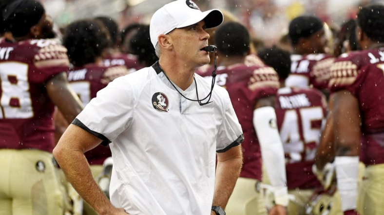 Aug 27, 2022; Tallahassee, Florida, USA; Florida State Seminoles head coach Mike Norvell leads his team before the game against the Duquesne Dukes at Doak S. Campbell Stadium. Mandatory Credit: Melina Myers-USA TODAY Sports