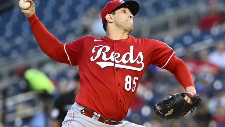 Aug 27, 2022; Washington, District of Columbia, USA; Cincinnati Reds pitcher Luis Cessa (85) throws to the Washington Nationals during the first inning at Nationals Park. Mandatory Credit: Brad Mills-USA TODAY Sports