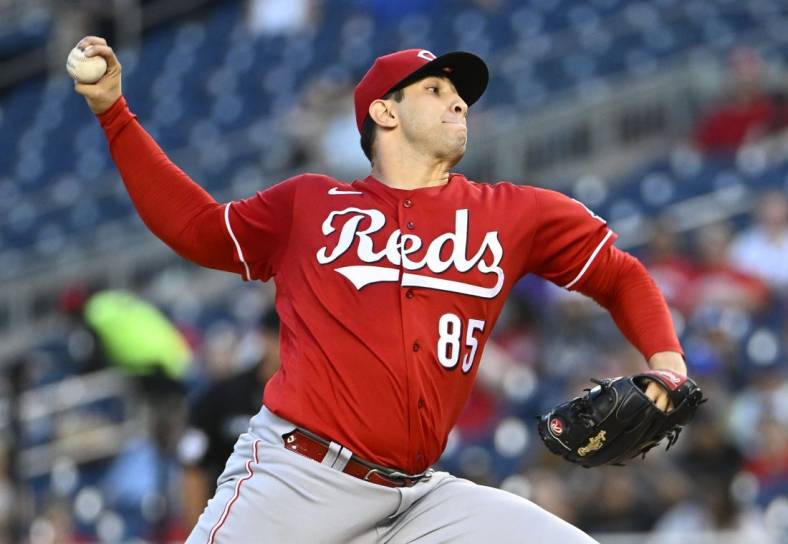 Aug 27, 2022; Washington, District of Columbia, USA; Cincinnati Reds pitcher Luis Cessa (85) throws to the Washington Nationals during the first inning at Nationals Park. Mandatory Credit: Brad Mills-USA TODAY Sports