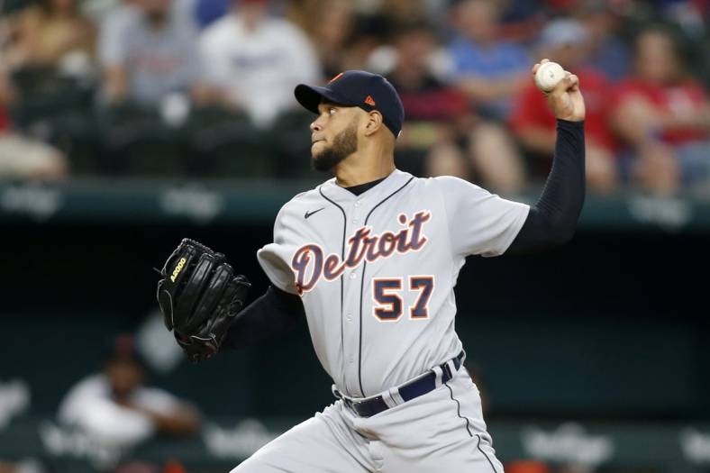 Aug 27, 2022; Arlington, Texas, USA; Detroit Tigers starting pitcher Eduardo Rodriguez (57) pitches against the Texas Rangers in the first inning at Globe Life Field. Mandatory Credit: Tim Heitman-USA TODAY Sports