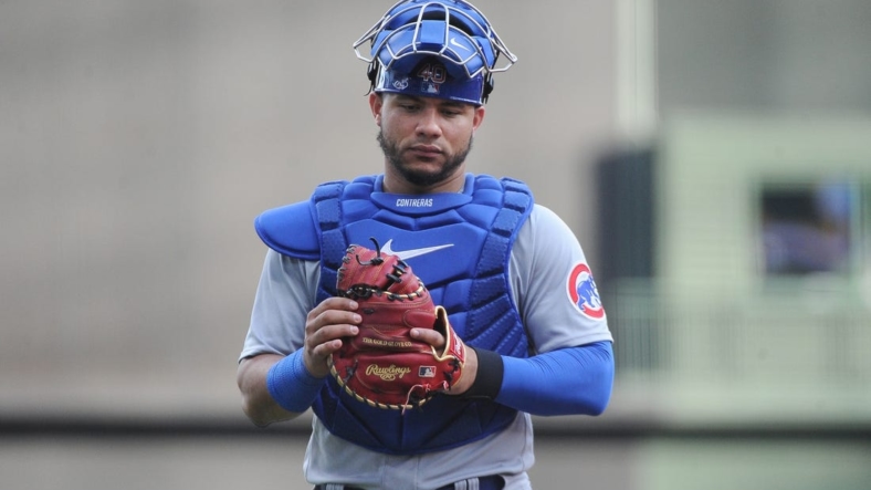 Aug 27, 2022; Milwaukee, Wisconsin, USA; Chicago Cubs catcher Willson Contreras (40) walks in from the outfield before their game against the Milwaukee Brewers at American Family Field. Mandatory Credit: Michael McLoone-USA TODAY Sports