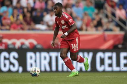 Aug 27, 2022; Harrison, New Jersey, USA; New York Red Bulls midfielder Dru Yearwood (16) controls the ball against the Inter Miami during the first half at Red Bull Arena. Mandatory Credit: Vincent Carchietta-USA TODAY Sports