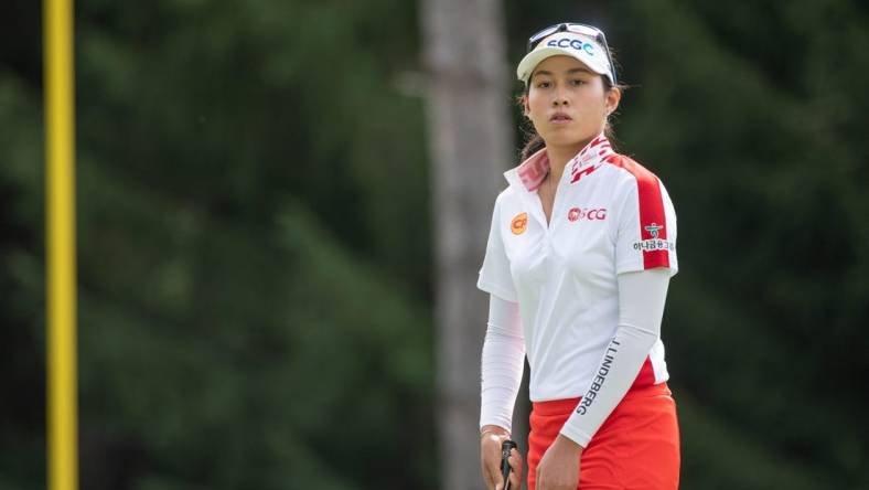 Aug 27, 2022; Ottawa, Ontario, CAN; Atthaya Thitikul from Tailand gets ready to play ofrom the 2nd hole fairway during the third round of the CP Women's Open golf tournament. Mandatory Credit: Marc DesRosiers-USA TODAY Sports