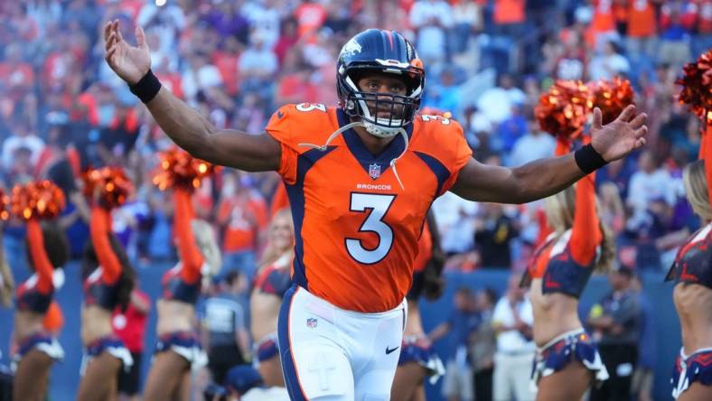 Aug 27, 2022; Denver, Colorado, USA; Denver Broncos quarterback Russell Wilson (3) prior to the start of the game against the Minnesota Vikings at Empower Field at Mile High. Mandatory Credit: Ron Chenoy-USA TODAY Sports