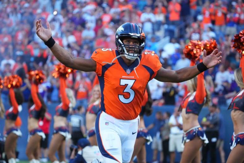 Aug 27, 2022; Denver, Colorado, USA; Denver Broncos quarterback Russell Wilson (3) prior to the start of the game against the Minnesota Vikings at Empower Field at Mile High. Mandatory Credit: Ron Chenoy-USA TODAY Sports