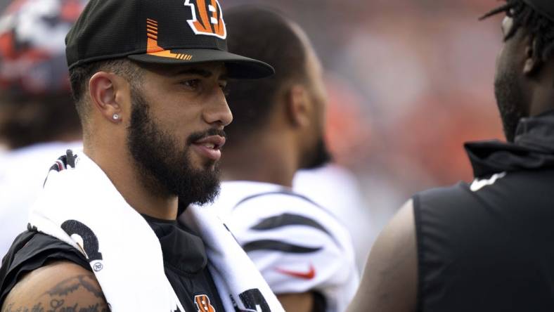 Aug 27, 2022; Cincinnati, Ohio, USA; Cincinnati Bengals safety Jessie Bates III (30) stands on the sidelines before a preseason game between the Cincinnati Bengals and the Los Angeles Rams at Paycor Stadium. Mandatory Credit: Albert Cesare-USA TODAY Sports