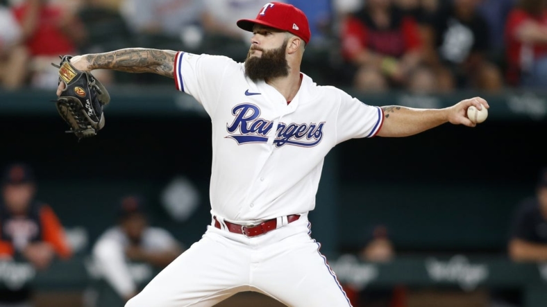 Aug 27, 2022; Arlington, Texas, USA;  Texas Rangers starting pitcher Dallas Keuchel (60) throws a pitch against the Detroit Tigers in the first inning at Globe Life Field. Mandatory Credit: Tim Heitman-USA TODAY Sports
