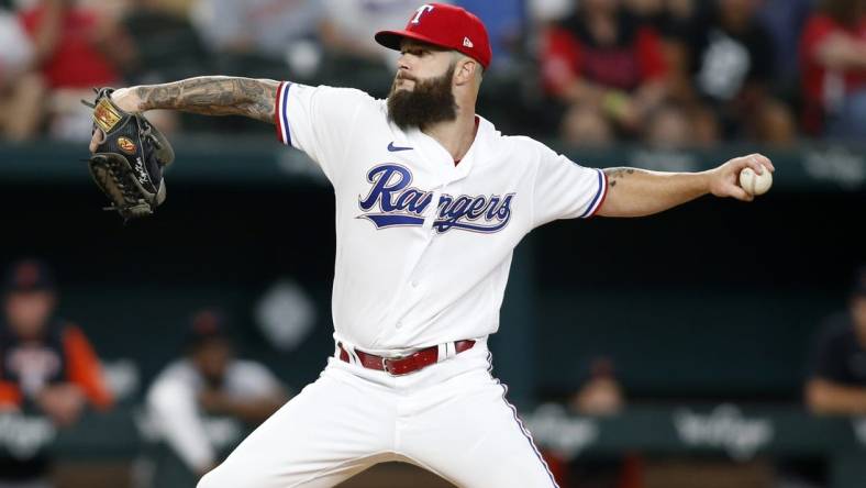 Aug 27, 2022; Arlington, Texas, USA;  Texas Rangers starting pitcher Dallas Keuchel (60) throws a pitch against the Detroit Tigers in the first inning at Globe Life Field. Mandatory Credit: Tim Heitman-USA TODAY Sports