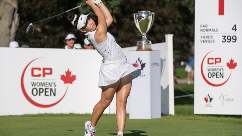 Aug 28, 2022; Ottawa, Ontario, CAN; Lucy Li from the United States tees off on the 1st hole during the final round of the CP Women's Open golf tournament. Mandatory Credit: Marc DesRosiers-USA TODAY Sports
