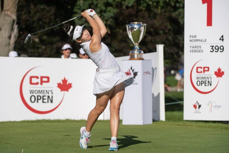 Aug 28, 2022; Ottawa, Ontario, CAN; Lucy Li from the United States tees off on the 1st hole during the final round of the CP Women's Open golf tournament. Mandatory Credit: Marc DesRosiers-USA TODAY Sports
