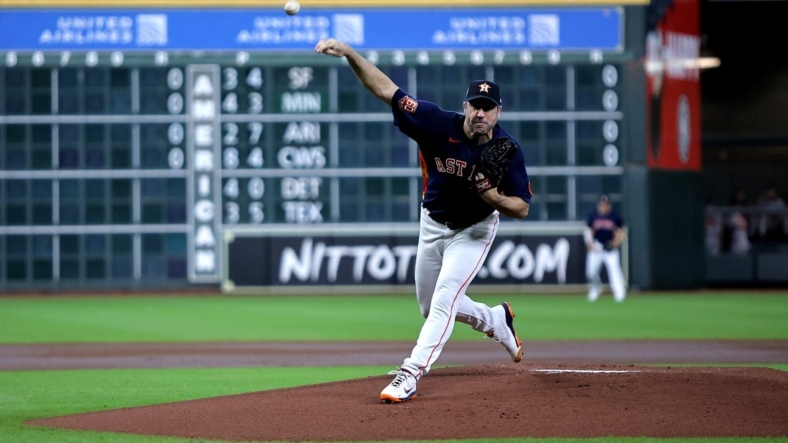 Aug 28, 2022; Houston, Texas, USA; Houston Astros starting pitcher Justin Verlander (35) delivers a pitch against the Baltimore Orioles during the first inning at Maid Park. Mandatory Credit: Erik Williams-USA TODAY Sports