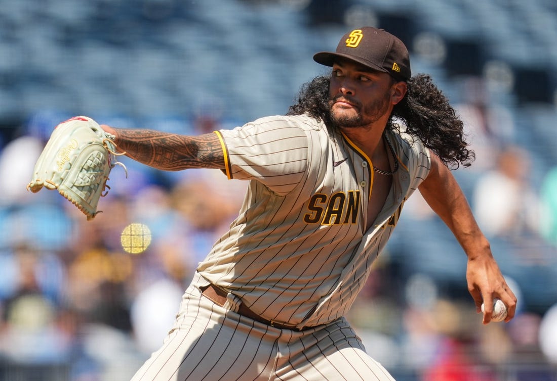 Aug 28, 2022; Kansas City, Missouri, USA; San Diego Padres starting pitcher Sean Manaea (55) pitches against the Kansas City Royals during the first inning at Kauffman Stadium. Mandatory Credit: Jay Biggerstaff-USA TODAY Sports