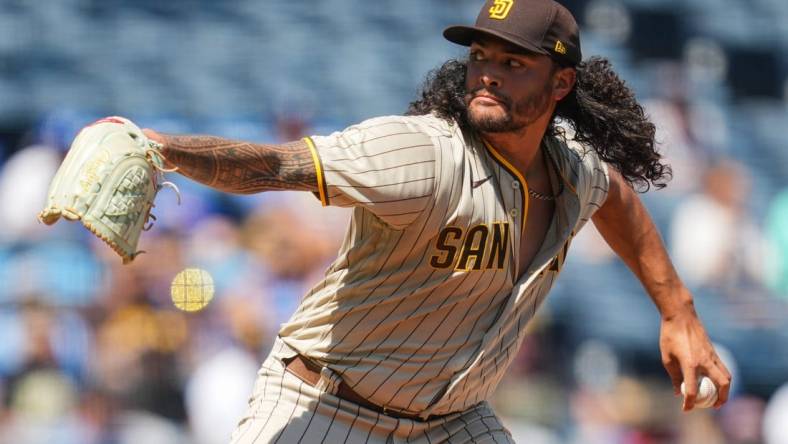 Aug 28, 2022; Kansas City, Missouri, USA; San Diego Padres starting pitcher Sean Manaea (55) pitches against the Kansas City Royals during the first inning at Kauffman Stadium. Mandatory Credit: Jay Biggerstaff-USA TODAY Sports