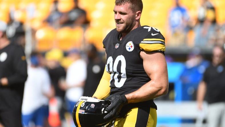 Aug 28, 2022; Pittsburgh, Pennsylvania, USA;  Pittsburgh Steelers linebacker T.J. Watt (90) before playing the Detroit Lions at Acrisure Stadium. Mandatory Credit: Philip G. Pavely-USA TODAY Sports