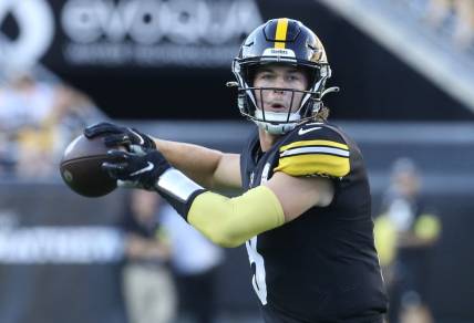 Aug 28, 2022; Pittsburgh, Pennsylvania, USA;  Pittsburgh Steelers quarterback Kenny Pickett (8) passes the ball against the Detroit Lions during the third quarter at Acrisure Stadium. Mandatory Credit: Charles LeClaire-USA TODAY Sports