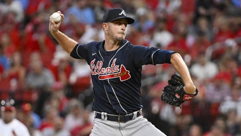 Aug 28, 2022; St. Louis, Missouri, USA;  Atlanta Braves starting pitcher Jake Odorizzi (12) pitches against the St. Louis Cardinals during the first inning at Busch Stadium. Mandatory Credit: Jeff Curry-USA TODAY Sports